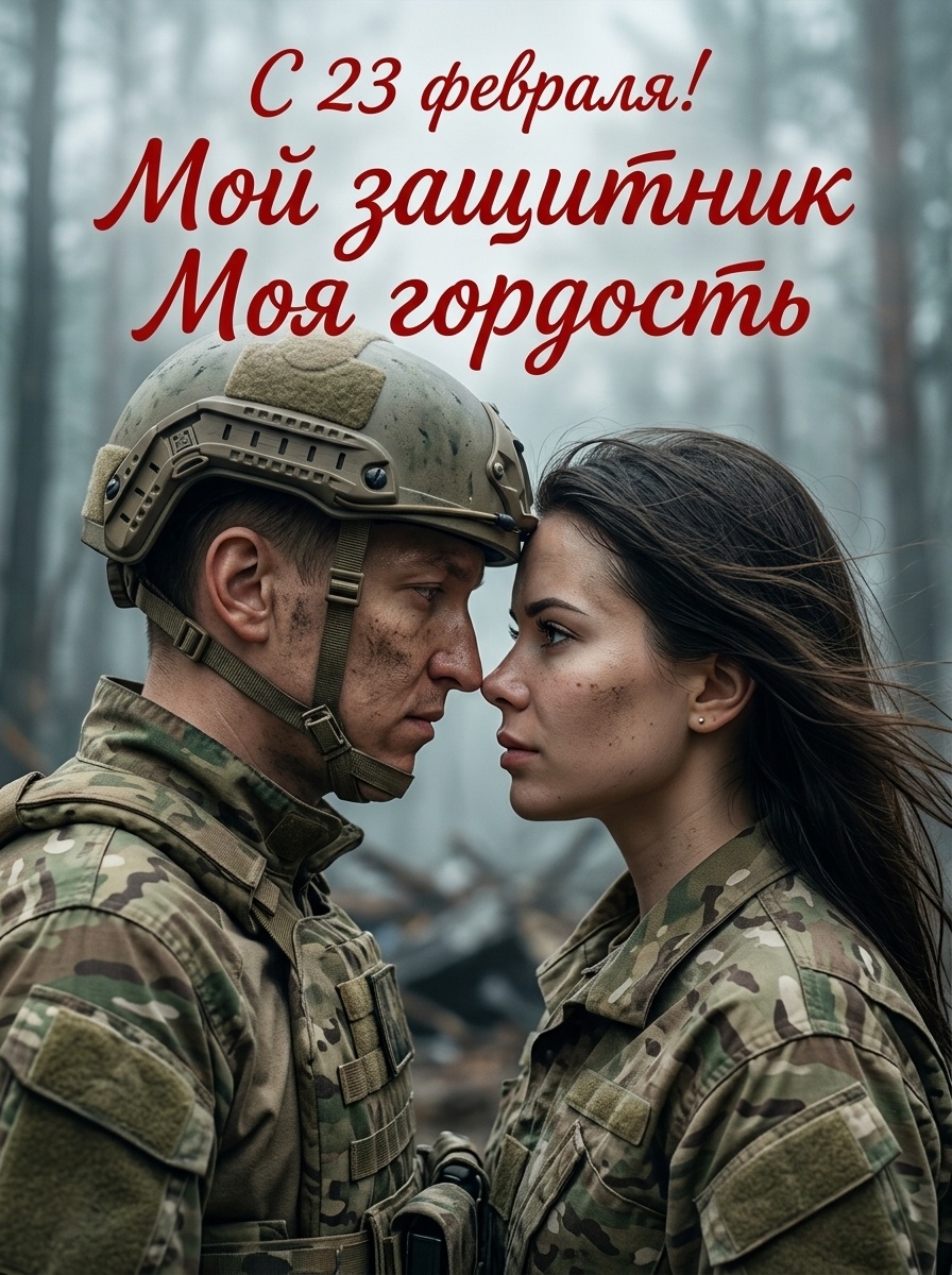 Портрет пары в военной форме в туманном лесу