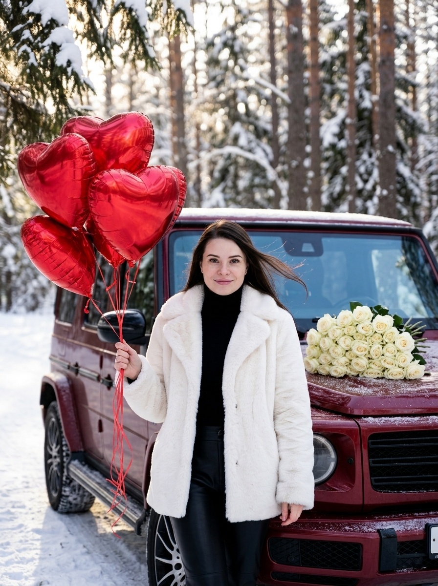 Портрет женщины в белой шубе с шарами и Mercedes в снегу