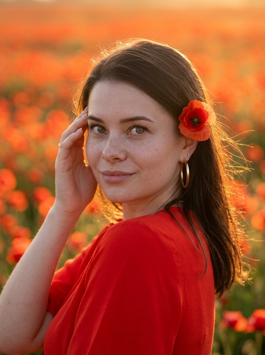 Beauty портрет в поле маков на золотой час