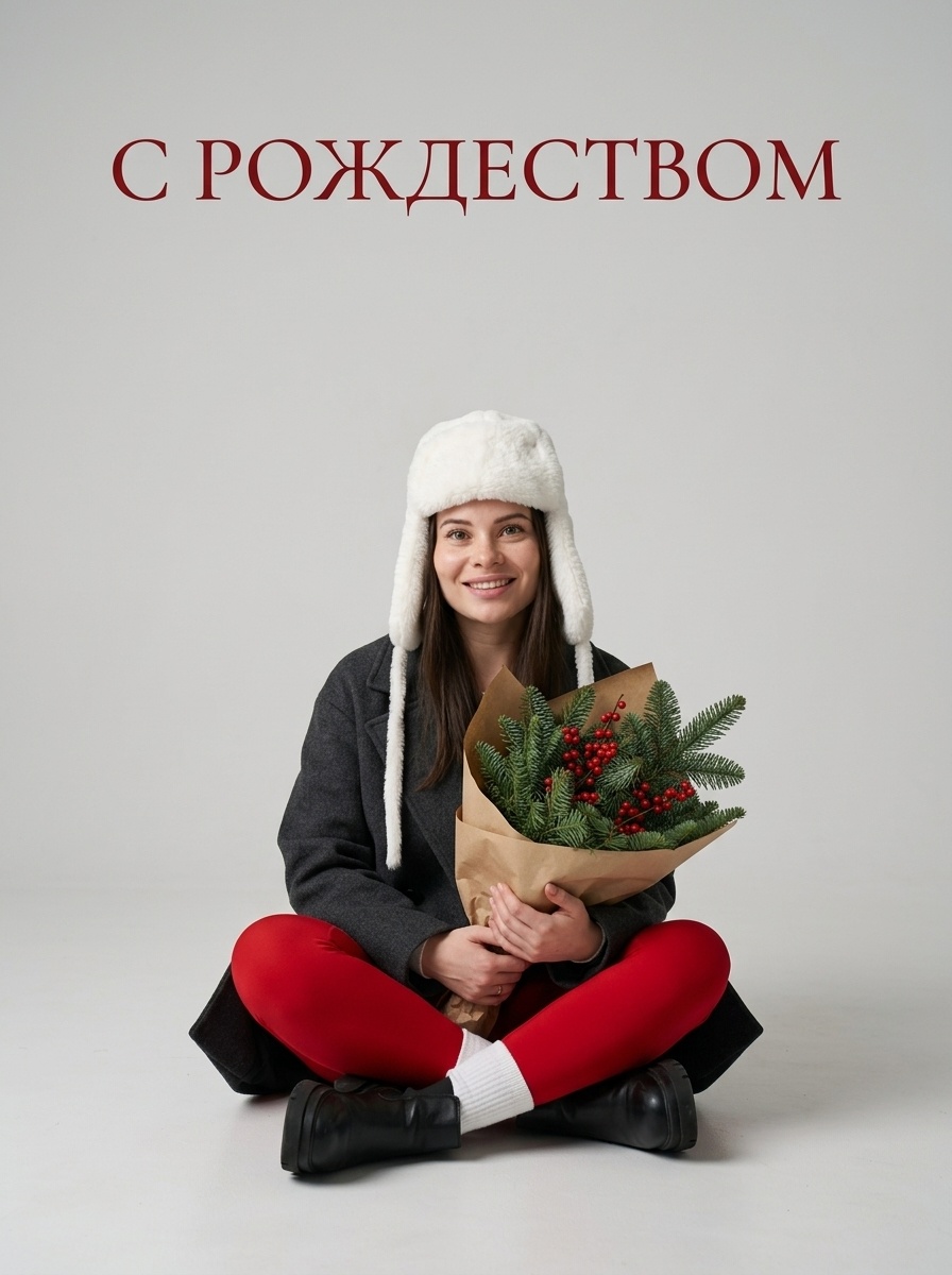 Зимний портрет женщины с рождественским букетом