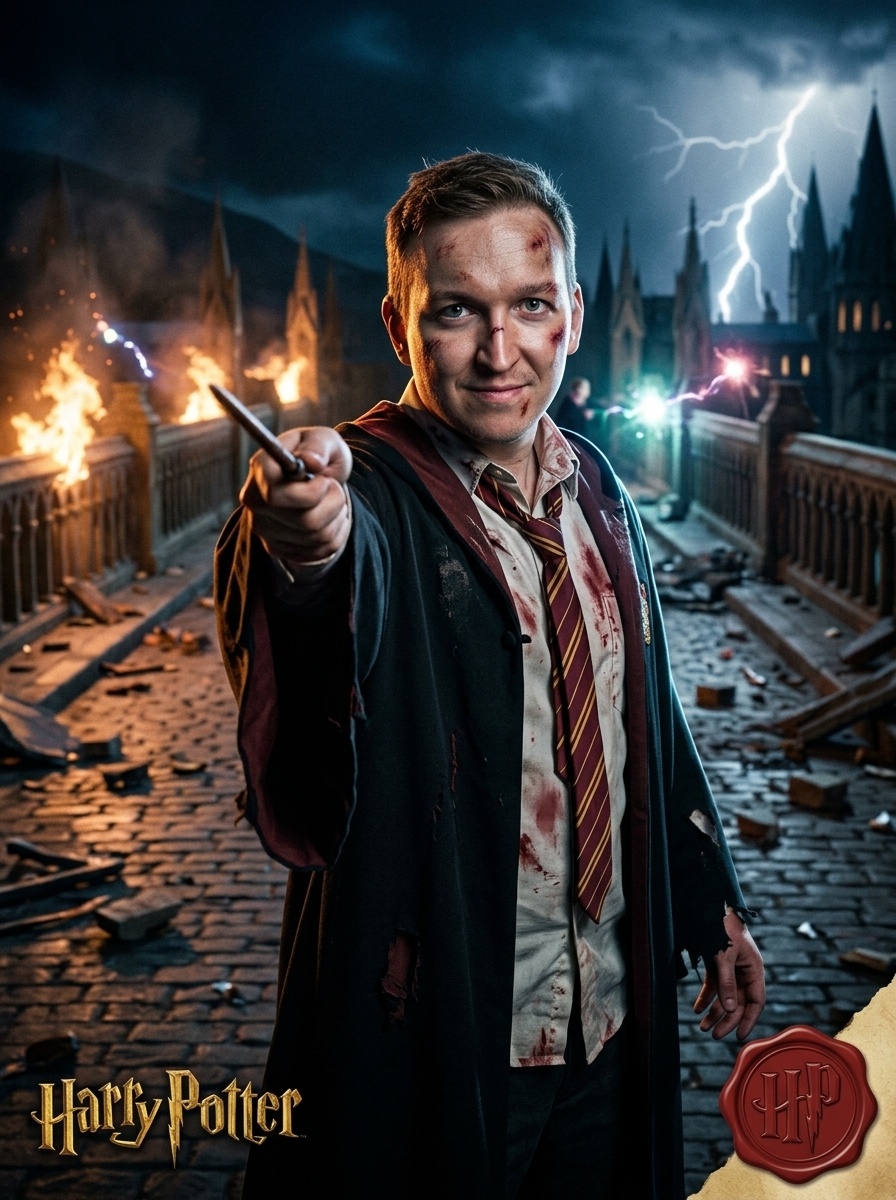 Гиперреалистичный портрет в гриффиндорской мантии на мосту