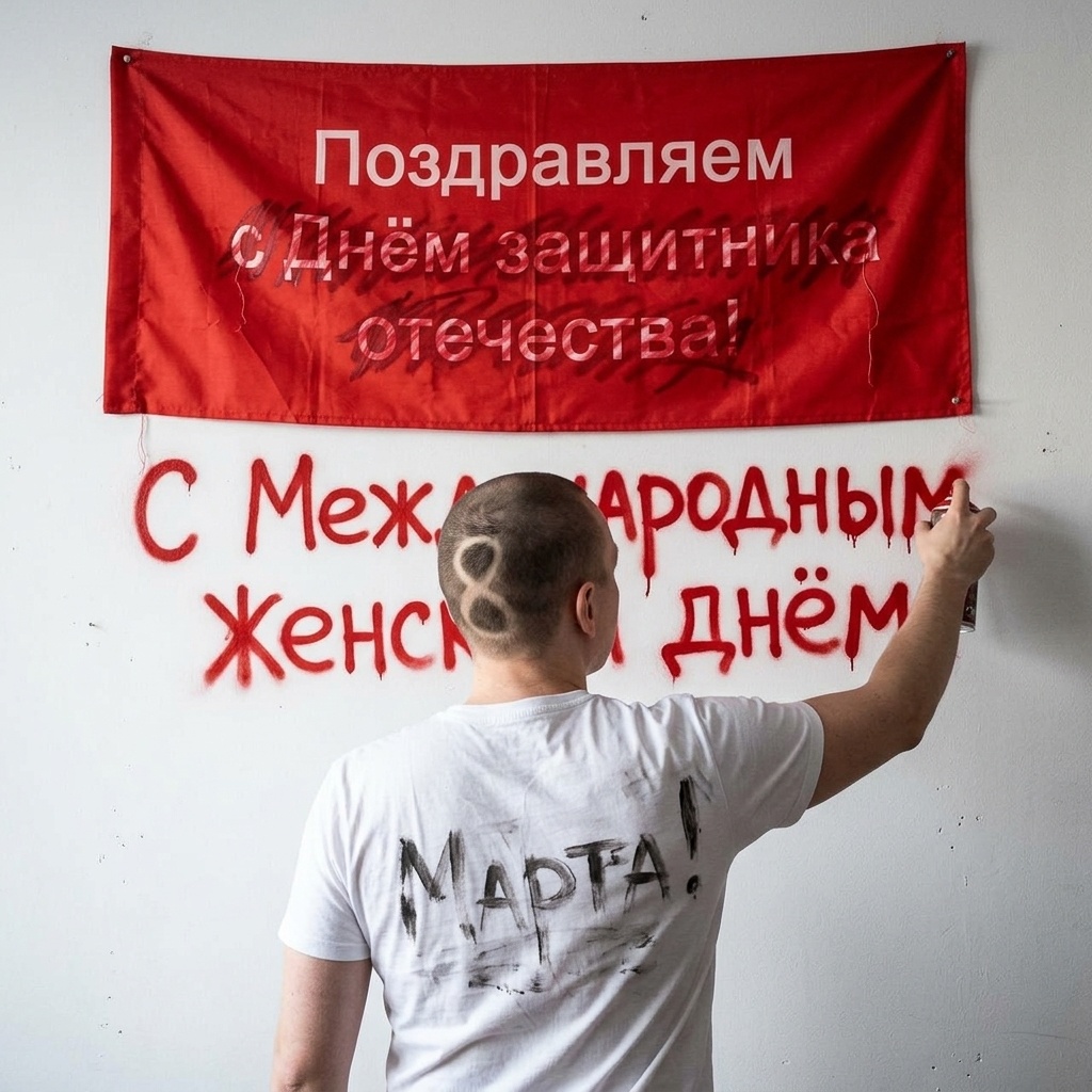 Мужчина с баллончиком у праздничного плаката