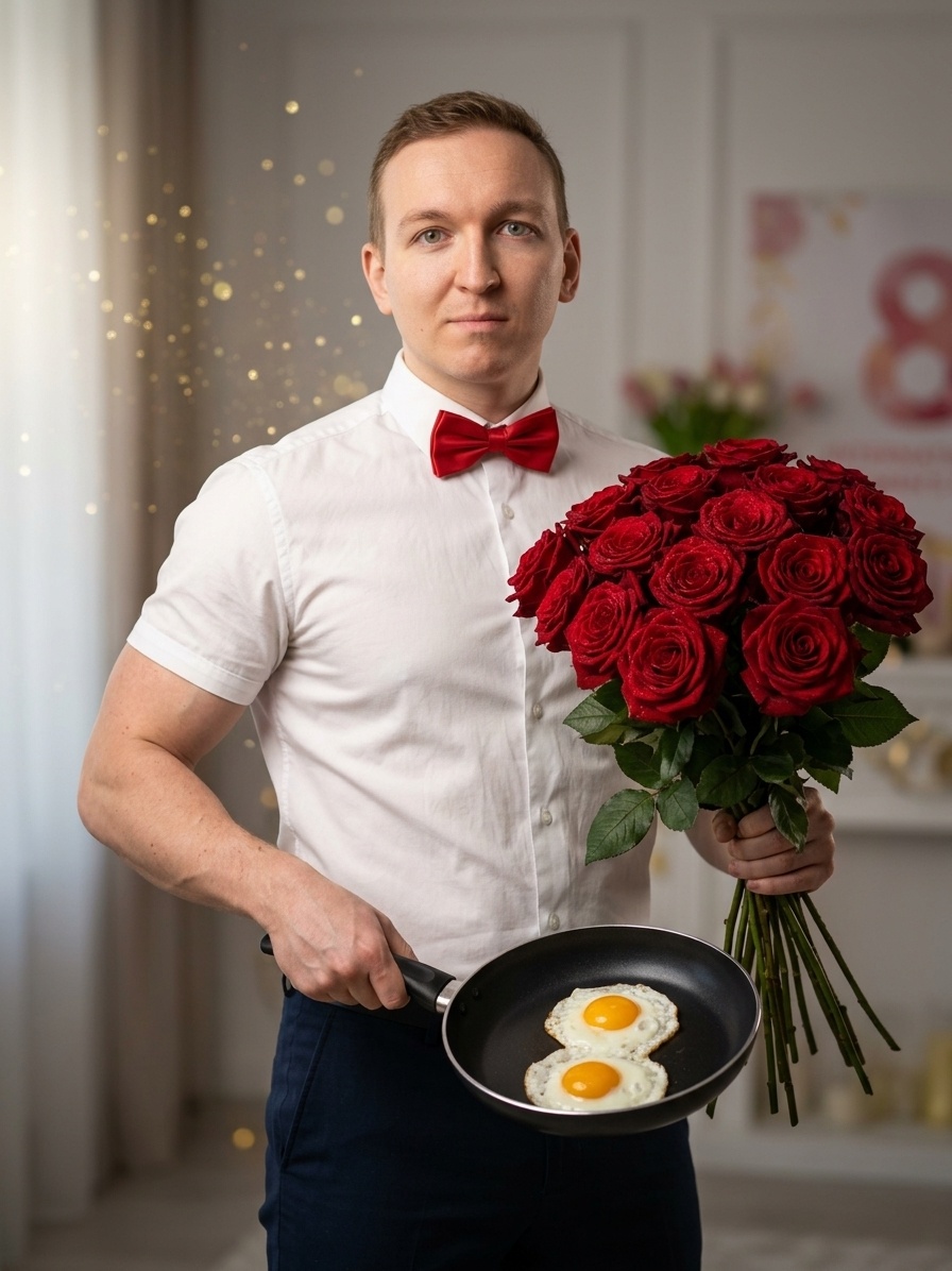 Мускулистый мужчина с яйцами и розами
