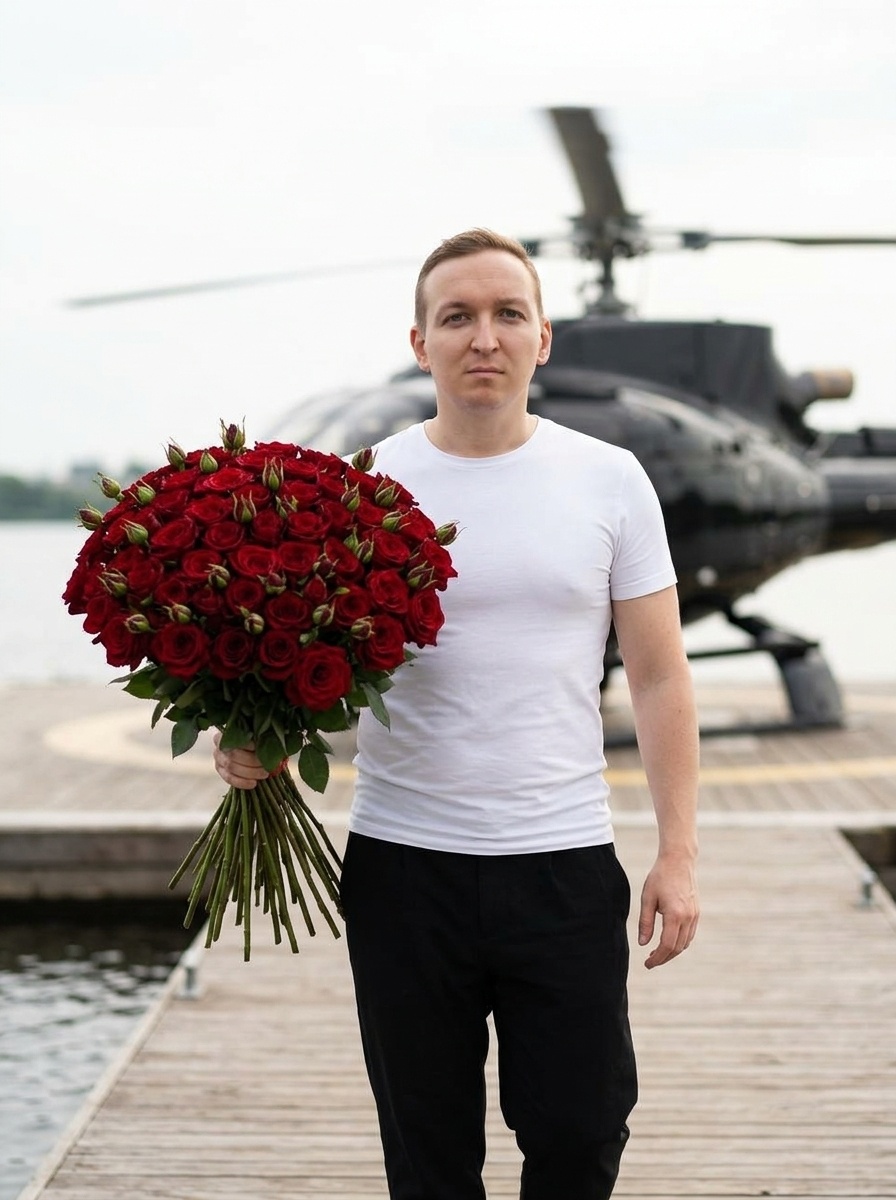 Мужчина с букетом роз на пирсе у воды