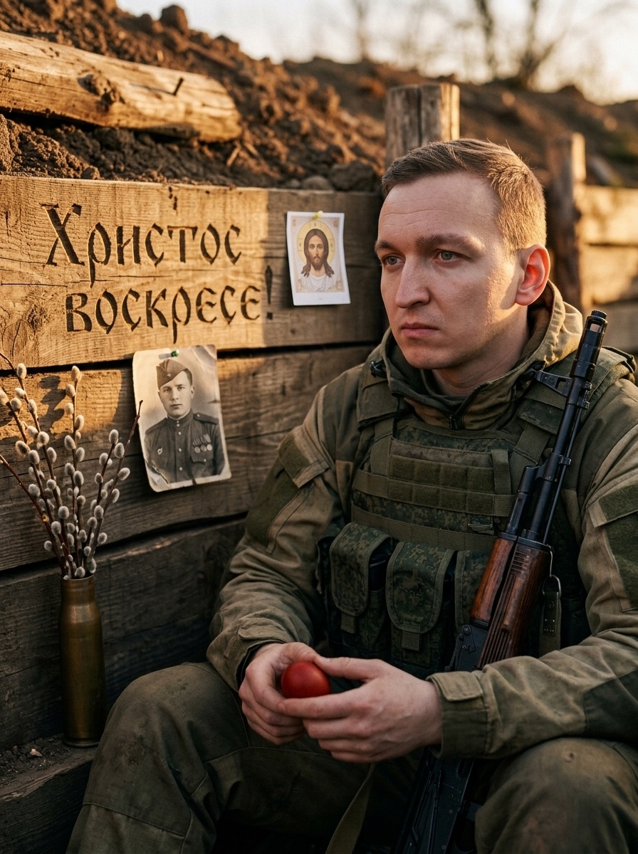 Русский солдат с пасхальным яйцом в окопе на закате