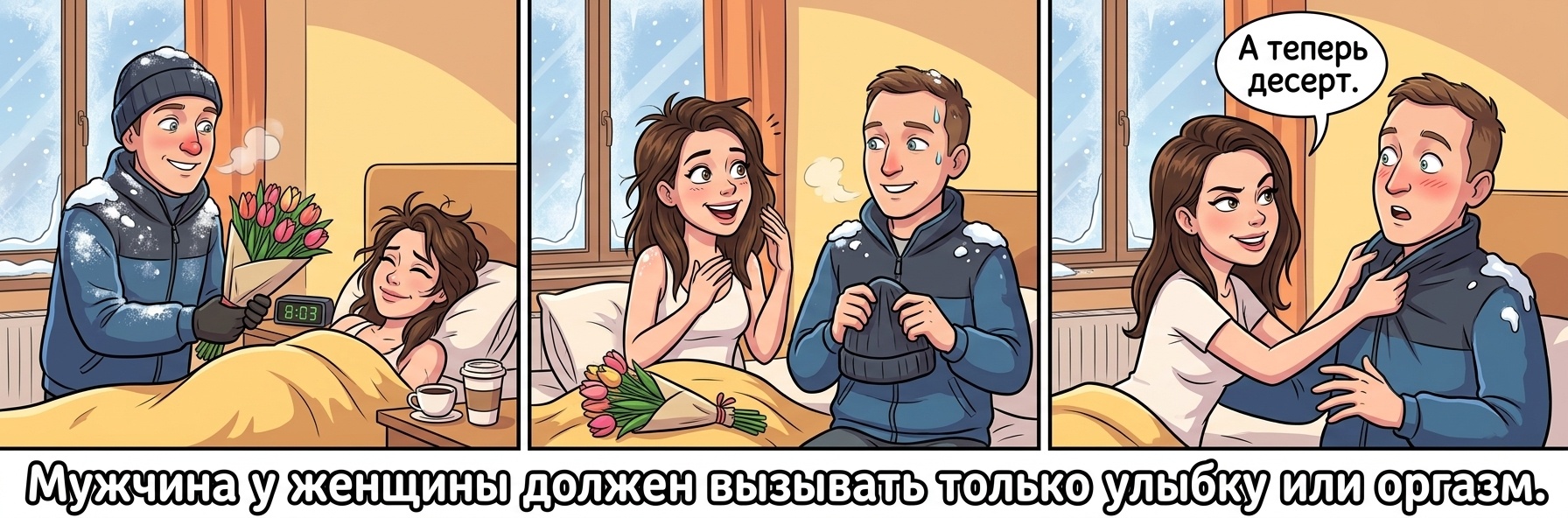 Комикс-триптих зимнего утра с романтичной сценой в спальне