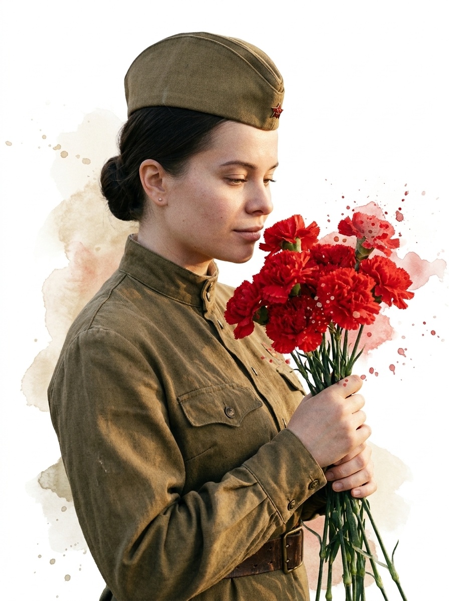 Женщина в военной форме с гвоздиками