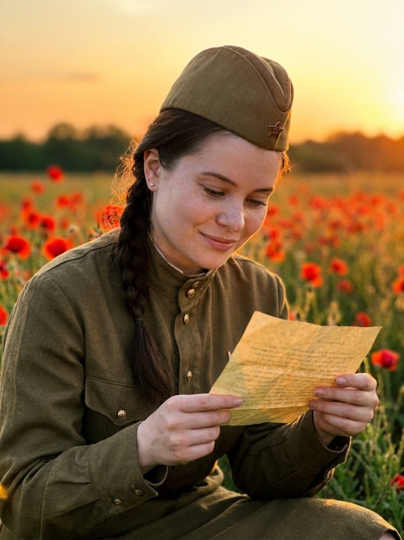 Кинематографичный портрет молодой женщины в военной форме эпохи середины XX века