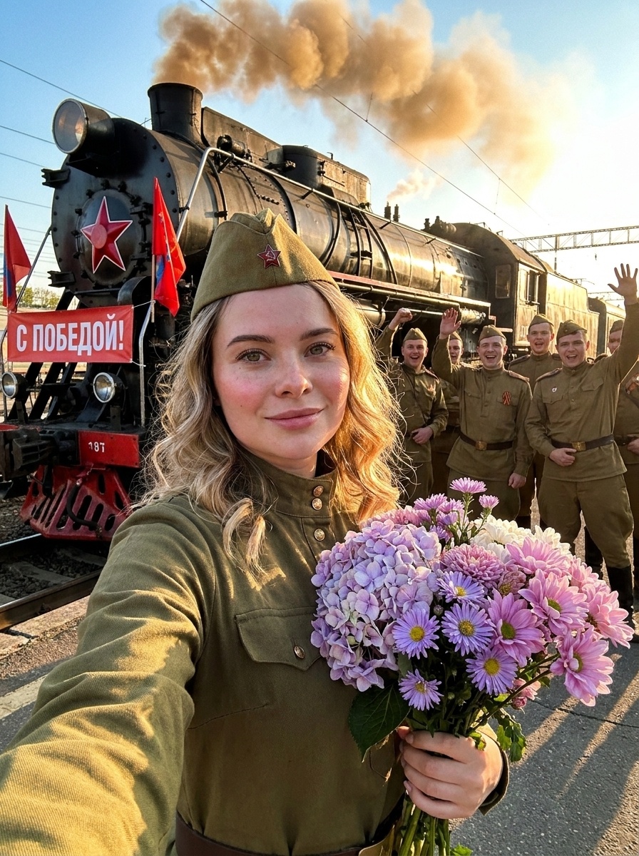 Селфи Победы: девушка в форме с сиренью у паровоза