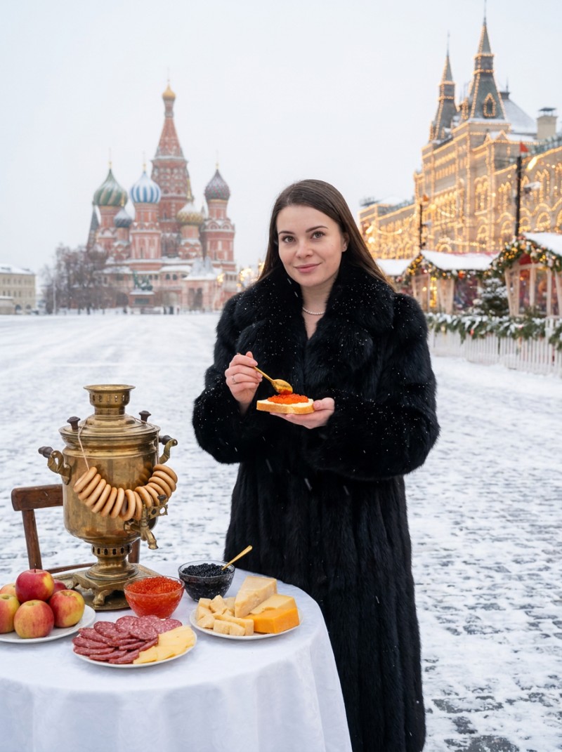 Роскошный завтрак с икрой на фоне зимней Красной Площади