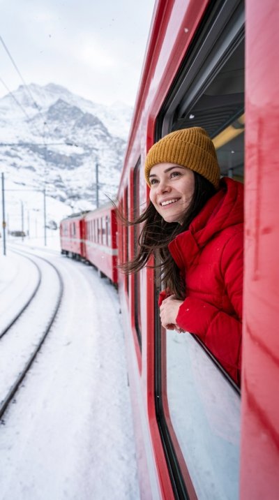 Альпийский экспресс: зимняя travel-фотосессия в красном