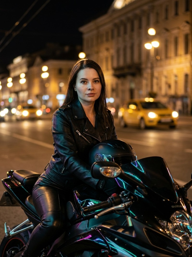 Неоновая ночь: байкерша в свете города
