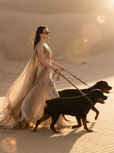 Пустынный шик: девушка с ротвейлерами в haute couture