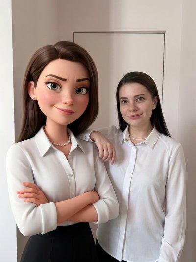 Реалистичный человек и мультяшный двойник в стиле Pixar