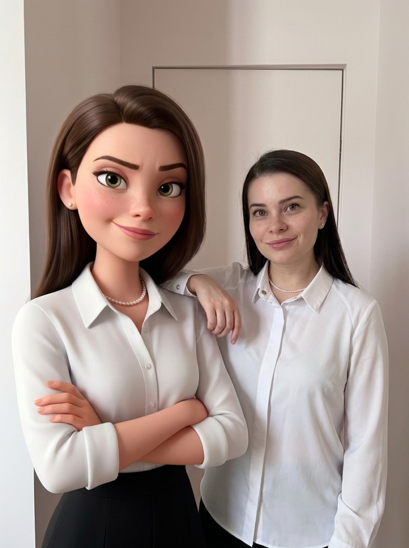 Реалистичный человек и мультяшный двойник в стиле Pixar