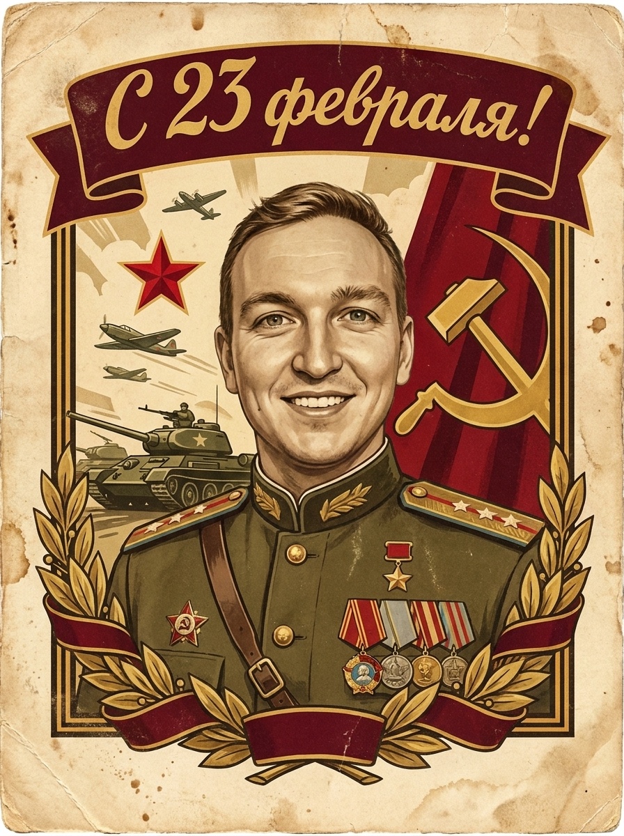 Советская открытка к 23 февраля с лицом с фото