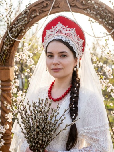 Русская весна: портрет в кокошнике с вербой