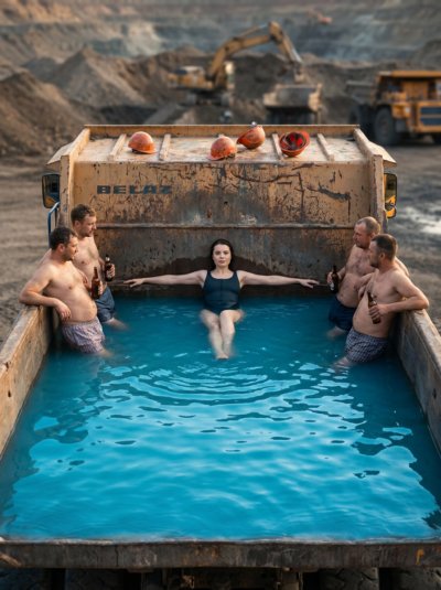 Девушка и рабочие в бассейне БелАЗа: фотореализм