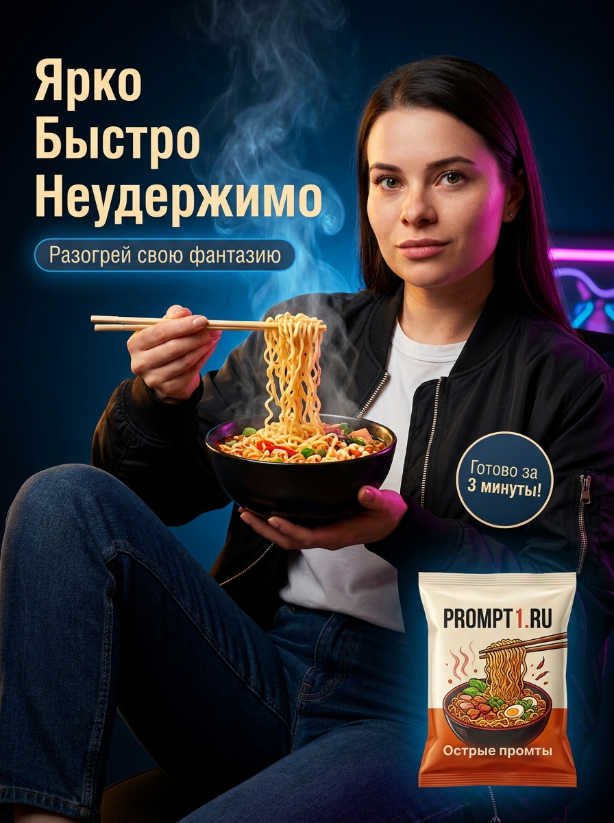 Неоновая реклама лапши с сохранением лица