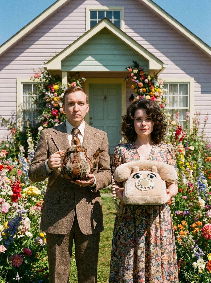Сюрреалистическая пара у цветочного дома