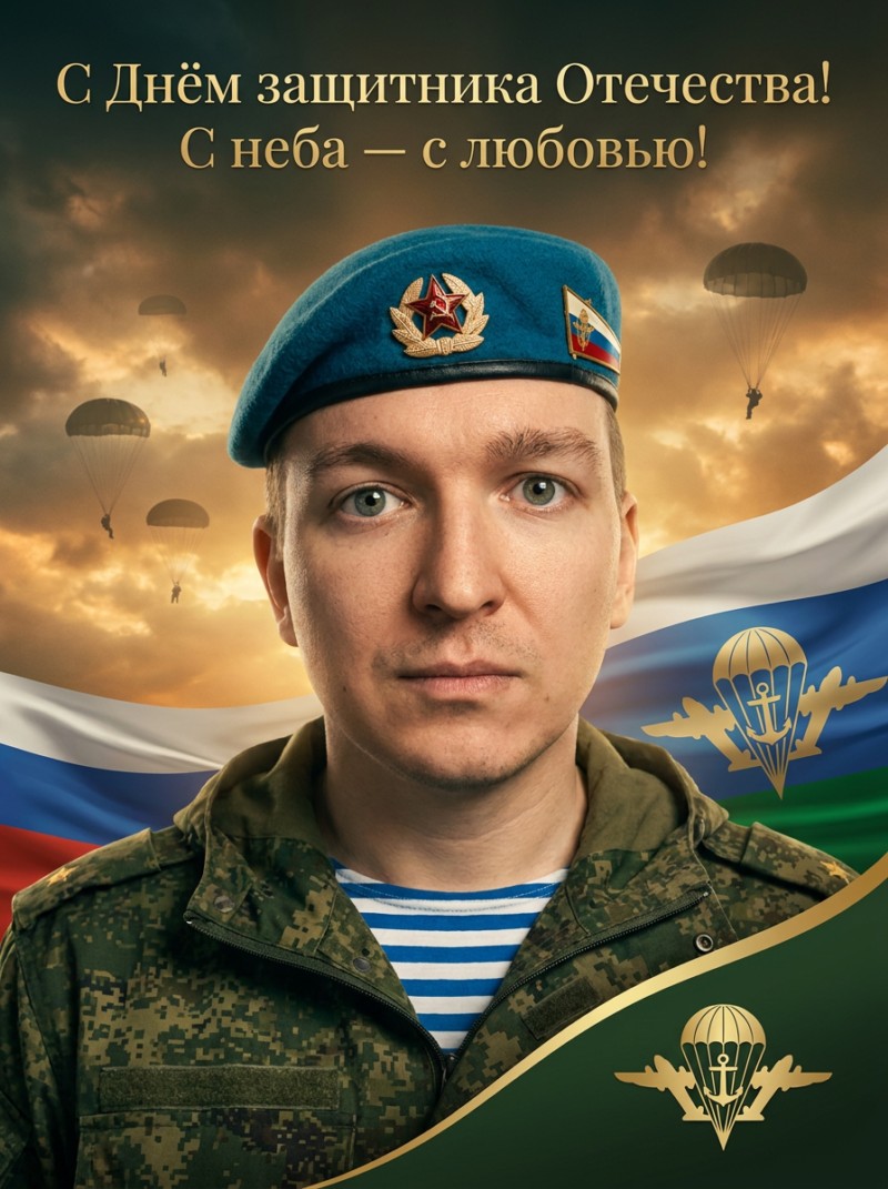 Кинематографичная открытка с бойцом ВДВ к 23 февраля
