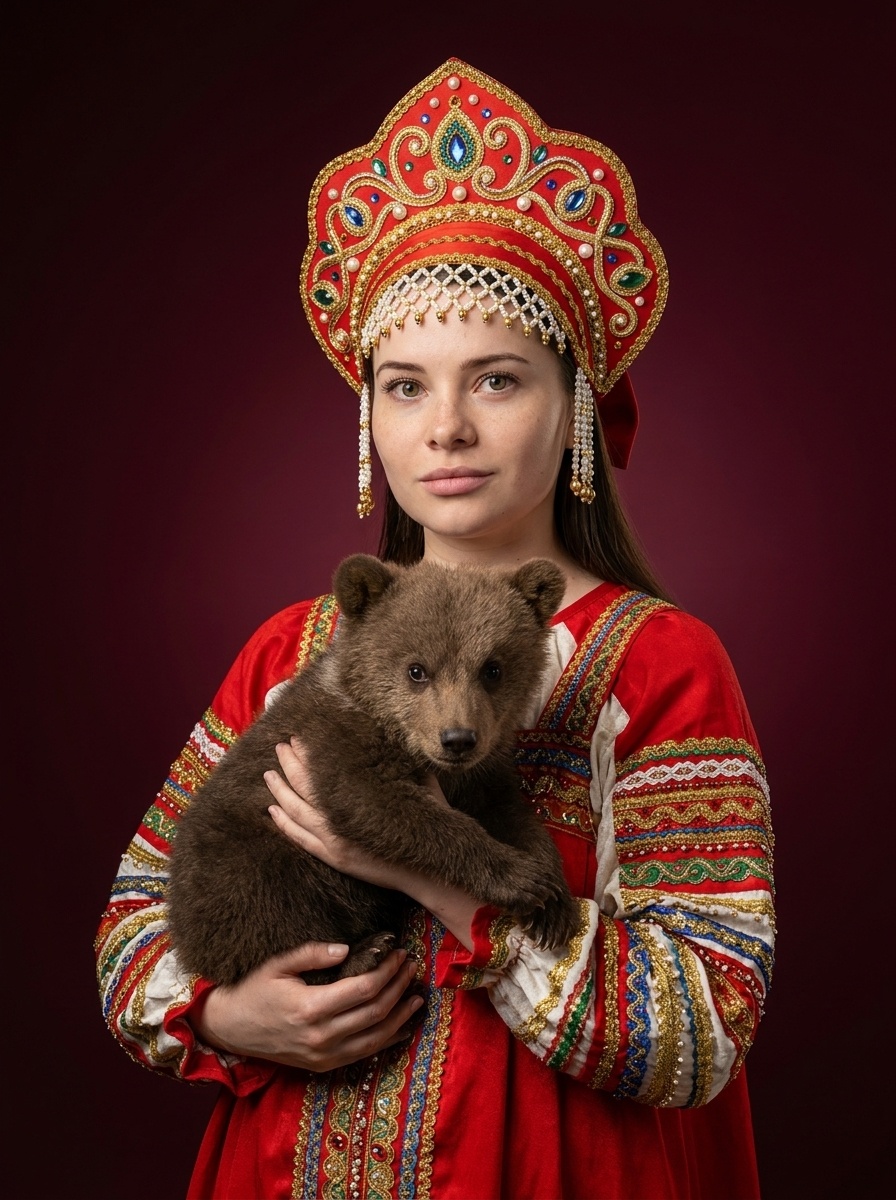 Девушка в кокошнике с медвежонком: студийный портрет