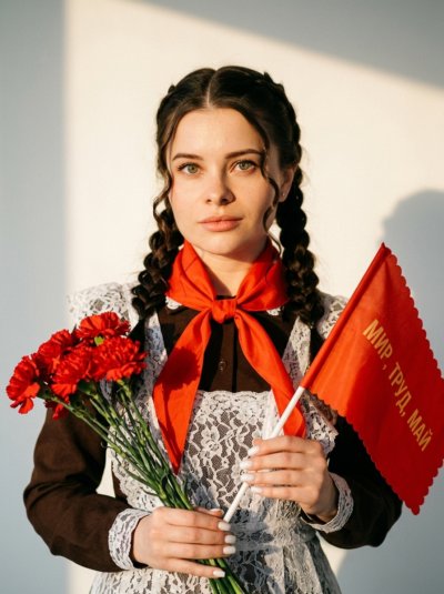 Советский ретро-образ с гвоздиками и флажком