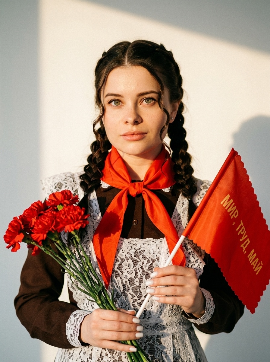 Советский ретро-образ с гвоздиками и флажком