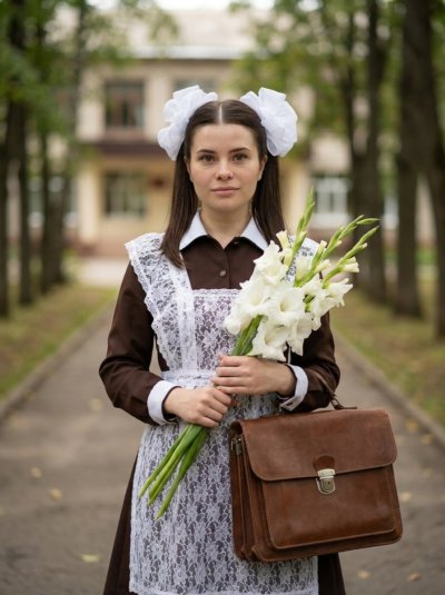 Советская школьница с гладиолусами у школы