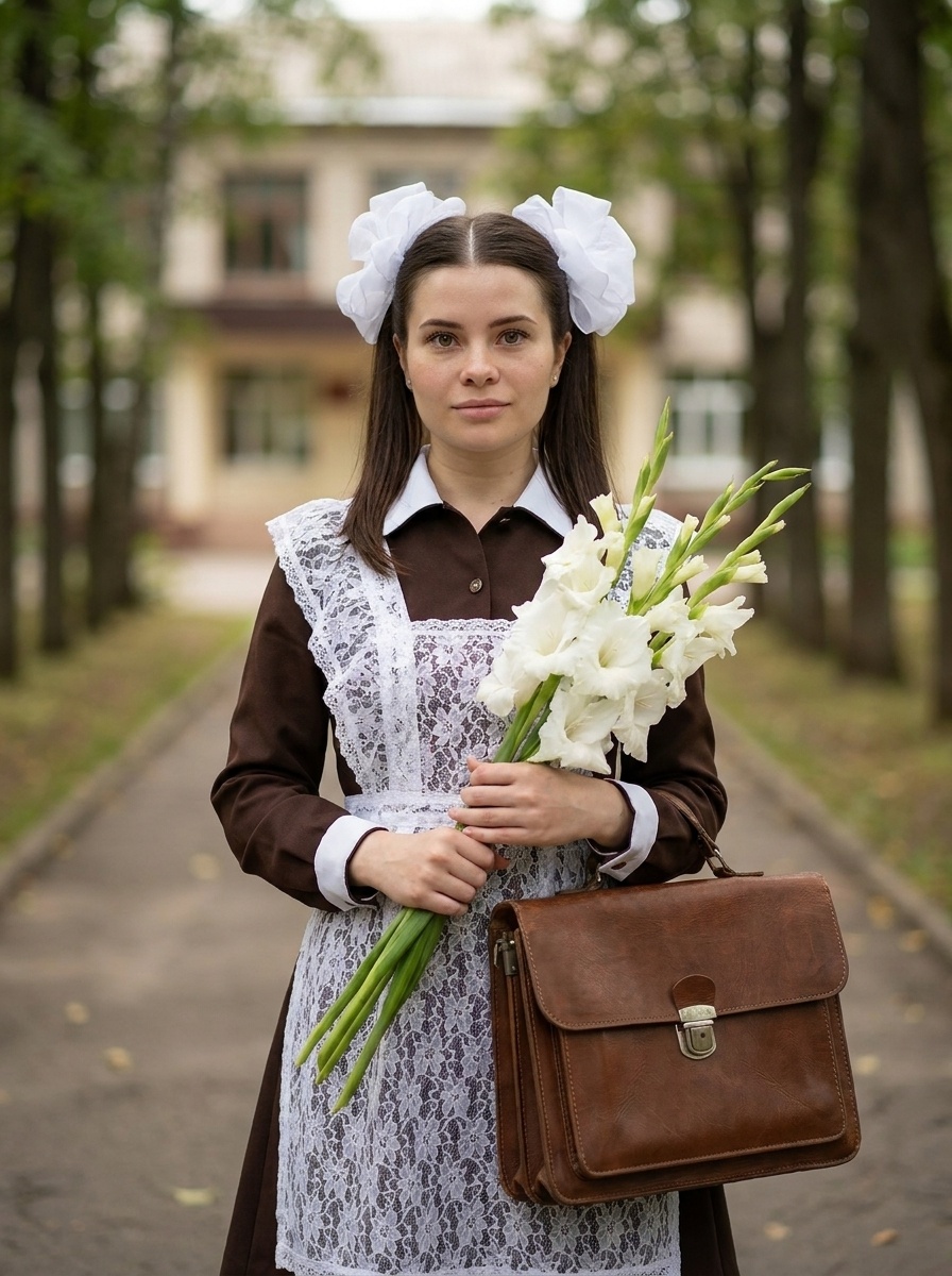 Советская школьница с гладиолусами у школы