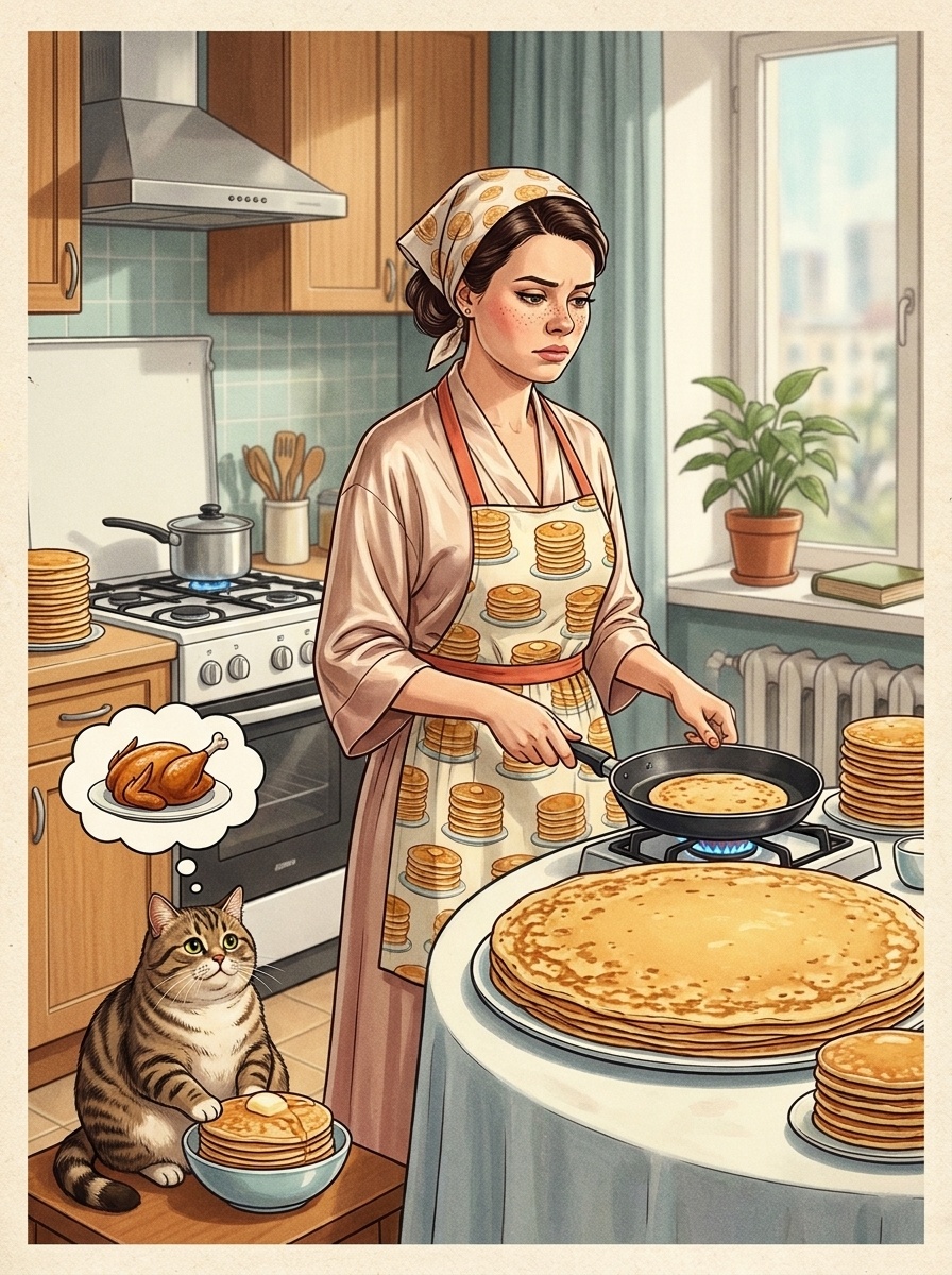 Винтажная открытка с блинами и котом