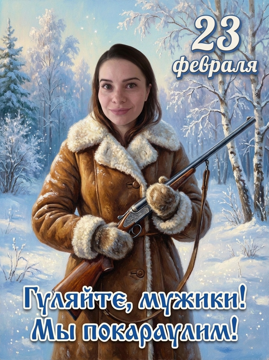 Женская вахта: юмористическая открытка к 23 февраля