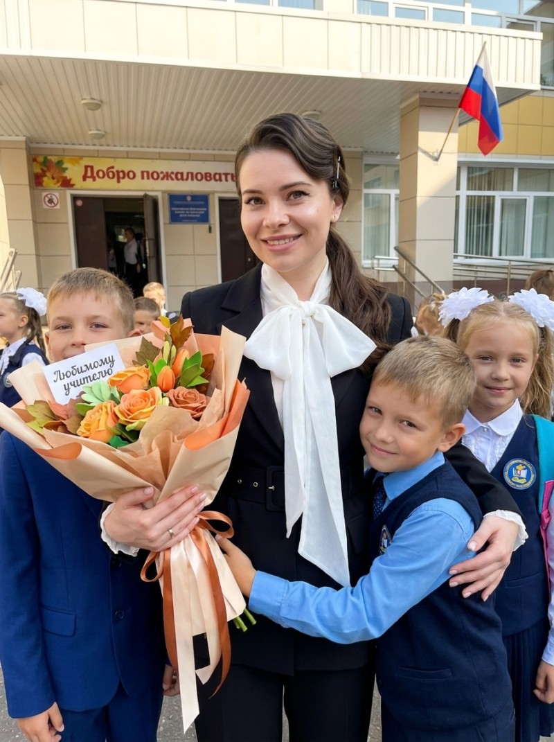 Учительница с учениками на линейке 1 сентября