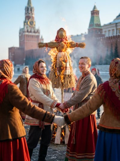 Хоровод у пылающей Масленицы на Красной площади