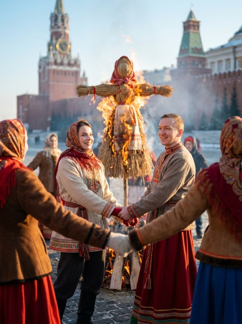 Хоровод у пылающей Масленицы на Красной площади