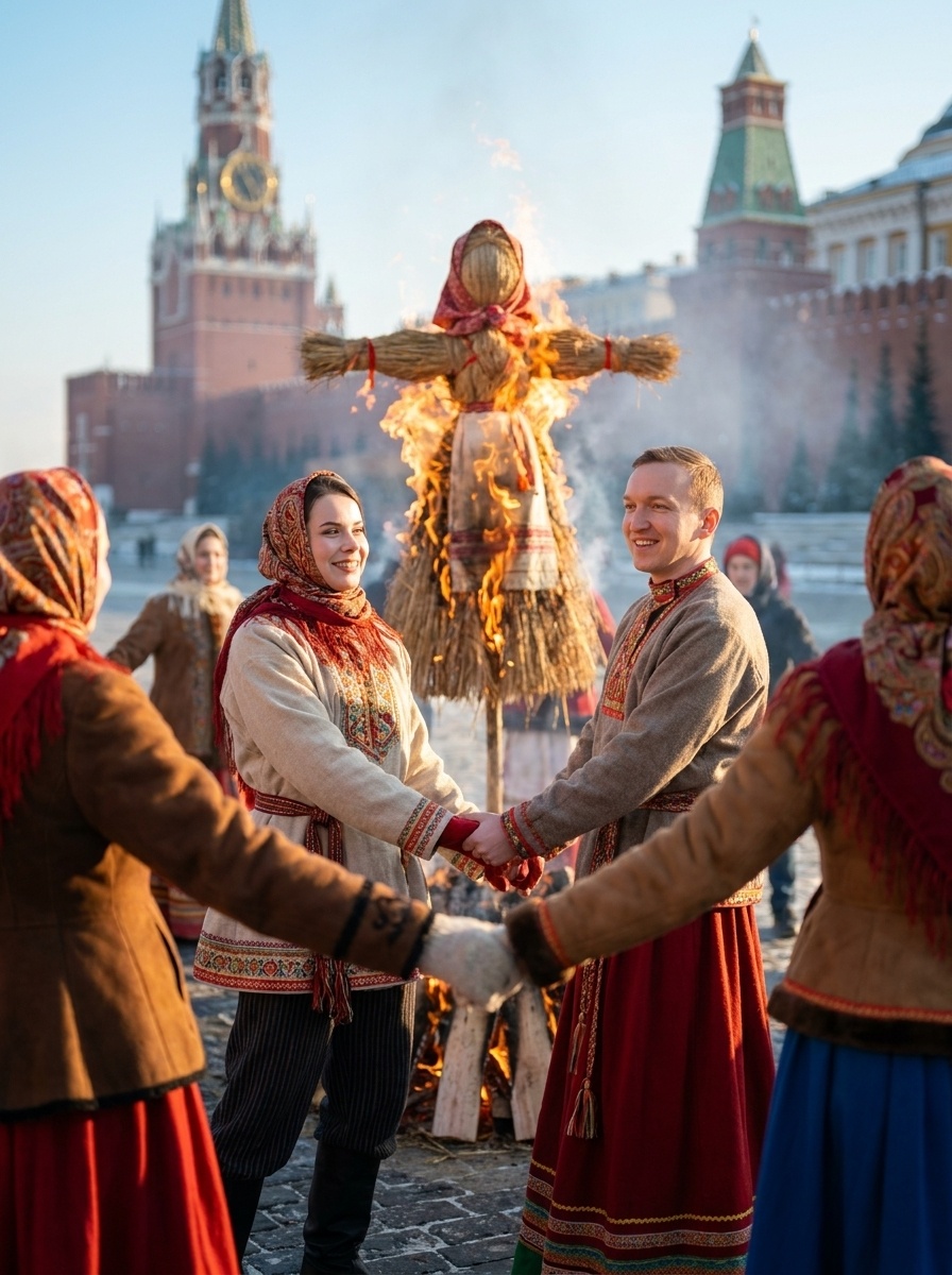 Хоровод у пылающей Масленицы на Красной площади