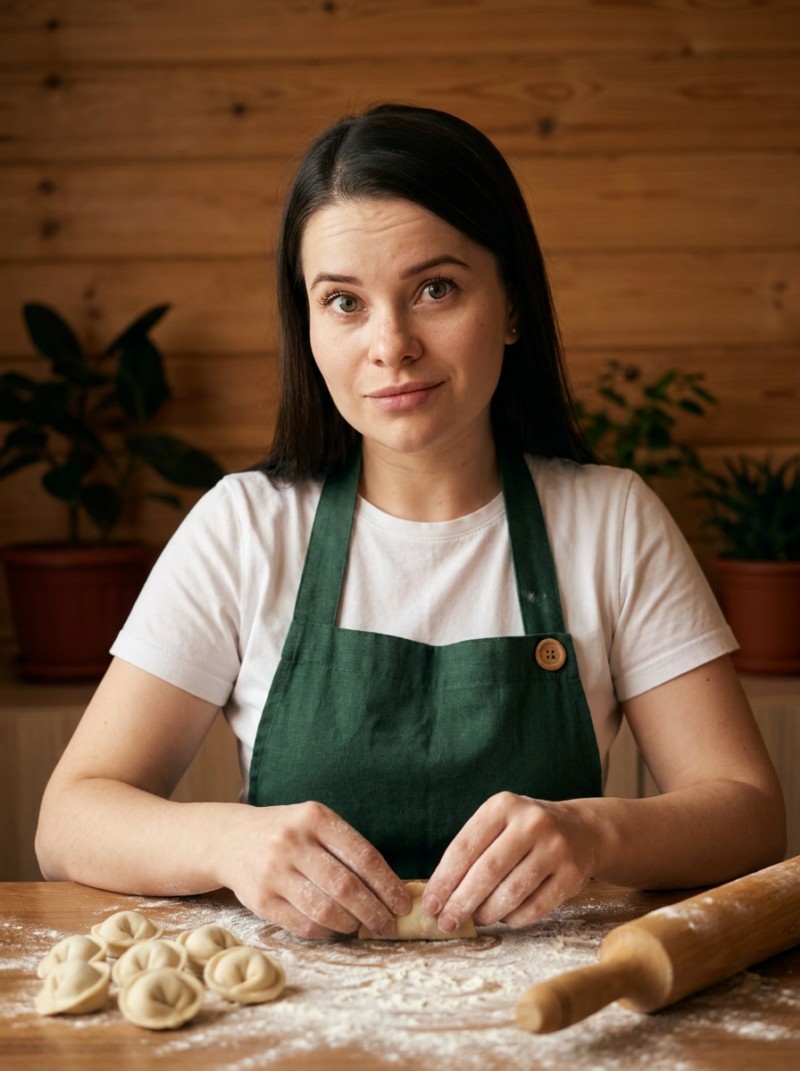 Женщина лепит пельмени на уютной кухне