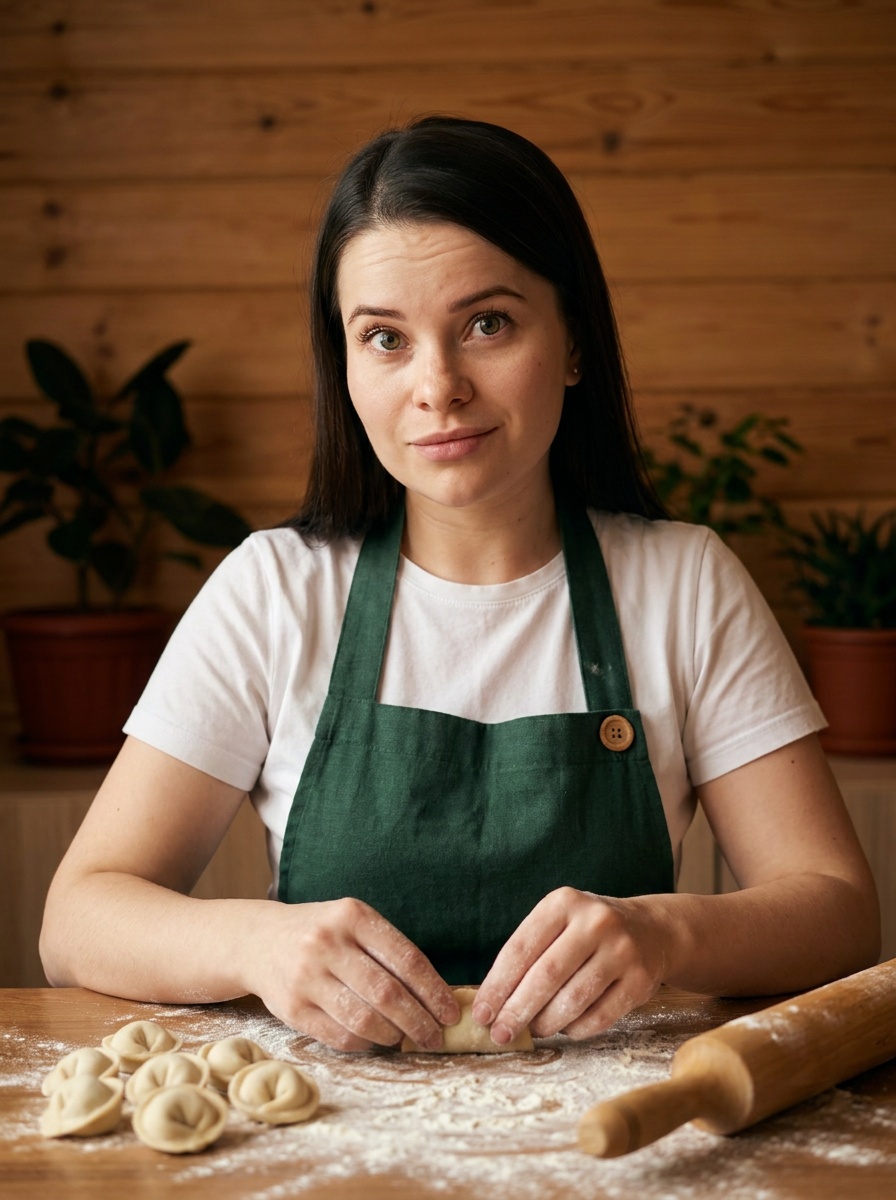 Женщина лепит пельмени на уютной кухне