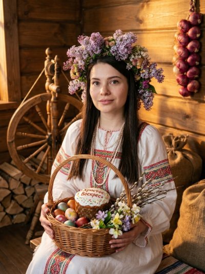 Девушка в русском наряде с пасхальной корзиной