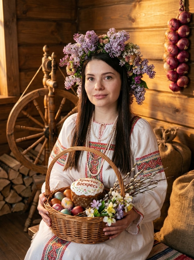 Девушка в русском наряде с пасхальной корзиной