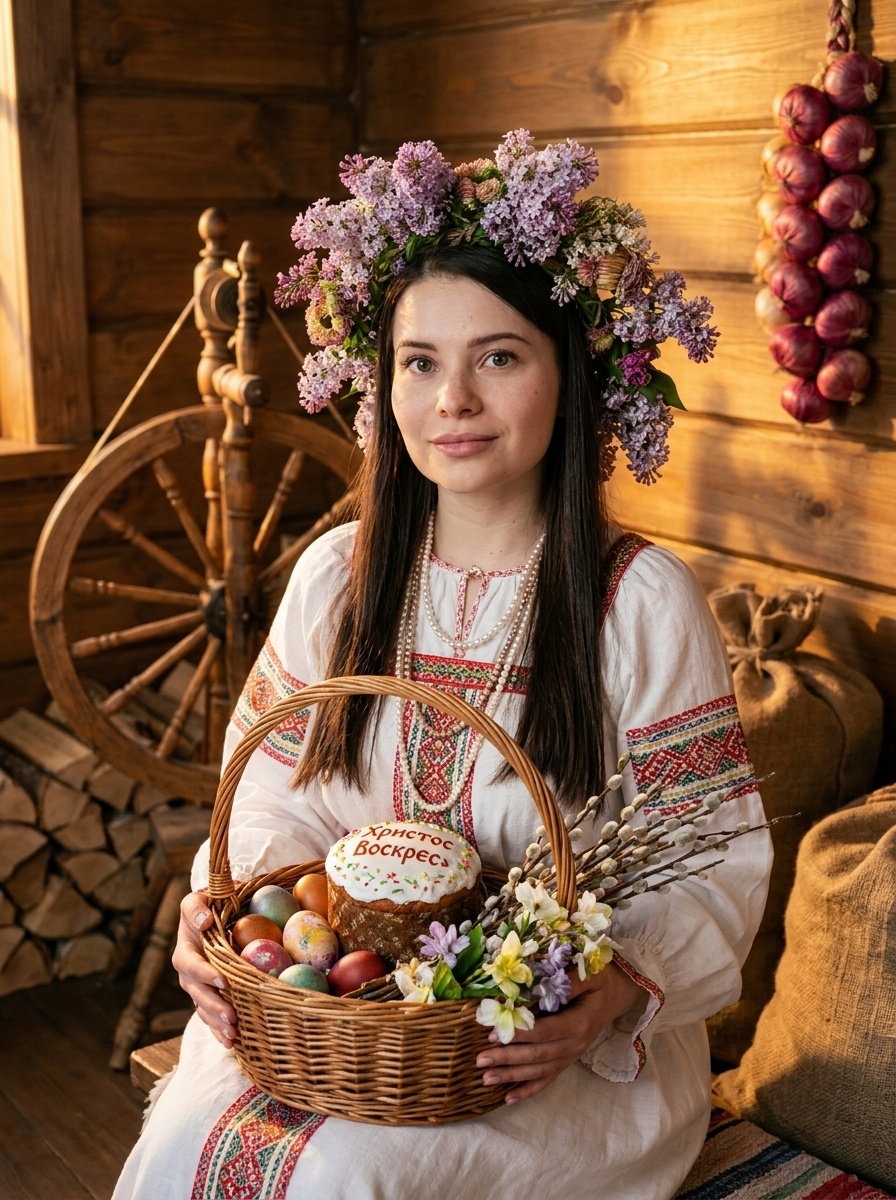 Девушка в русском наряде с пасхальной корзиной