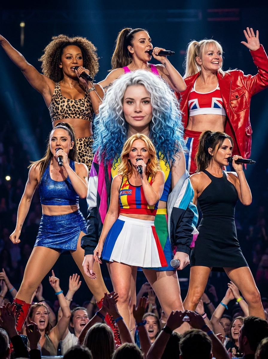 Spice Girls и гостья: концертный кадр