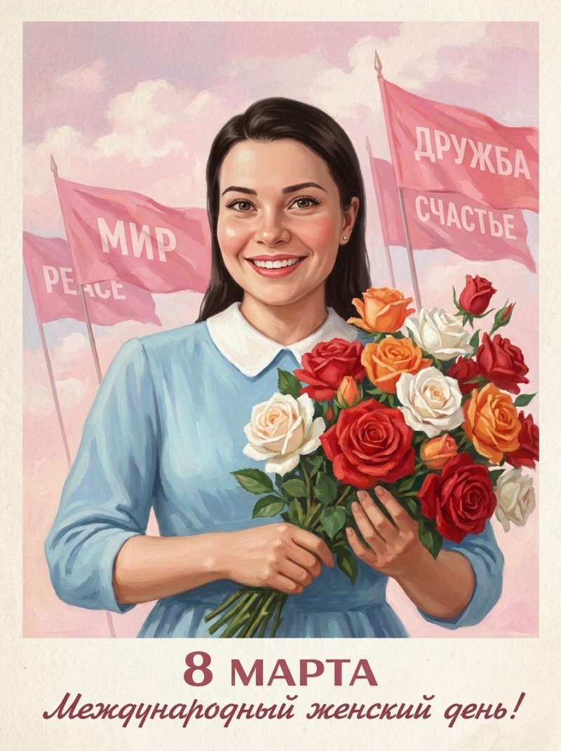 Ретро-открытка СССР к 8 Марта с букетом