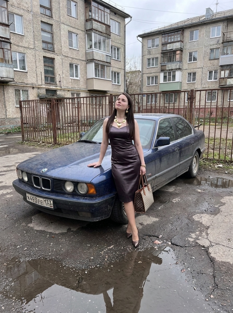 Девушка в чёрном платье у старой BMW: лайфстайл-съёмка