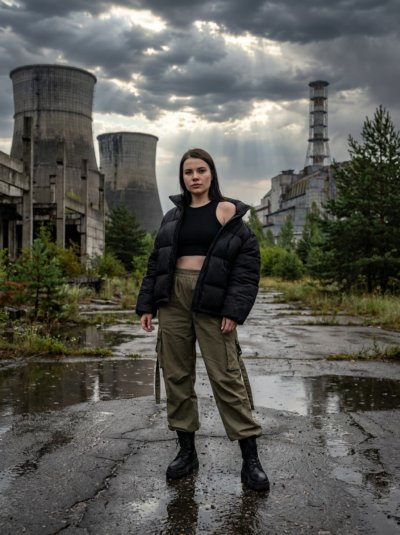 Девушка в стиле fashion на руинах электростанции