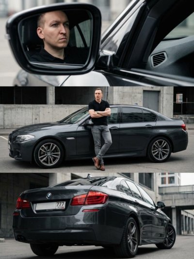 Трёхпанельный коллаж: мужчина у авто с номером