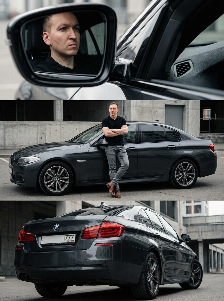 Трёхпанельный коллаж: мужчина у авто с номером