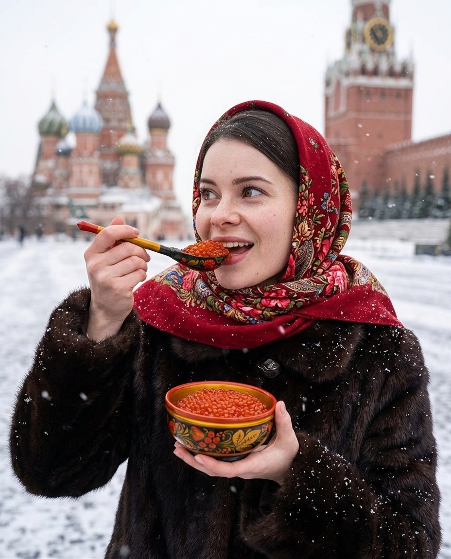 Зимняя фотосессия с икрой на Красной площади