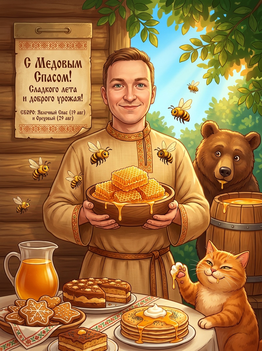 Медовый Спас: открытка с медведем и котом