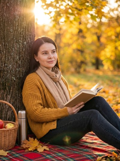 Осенний пикник с книгой: девушка в парке